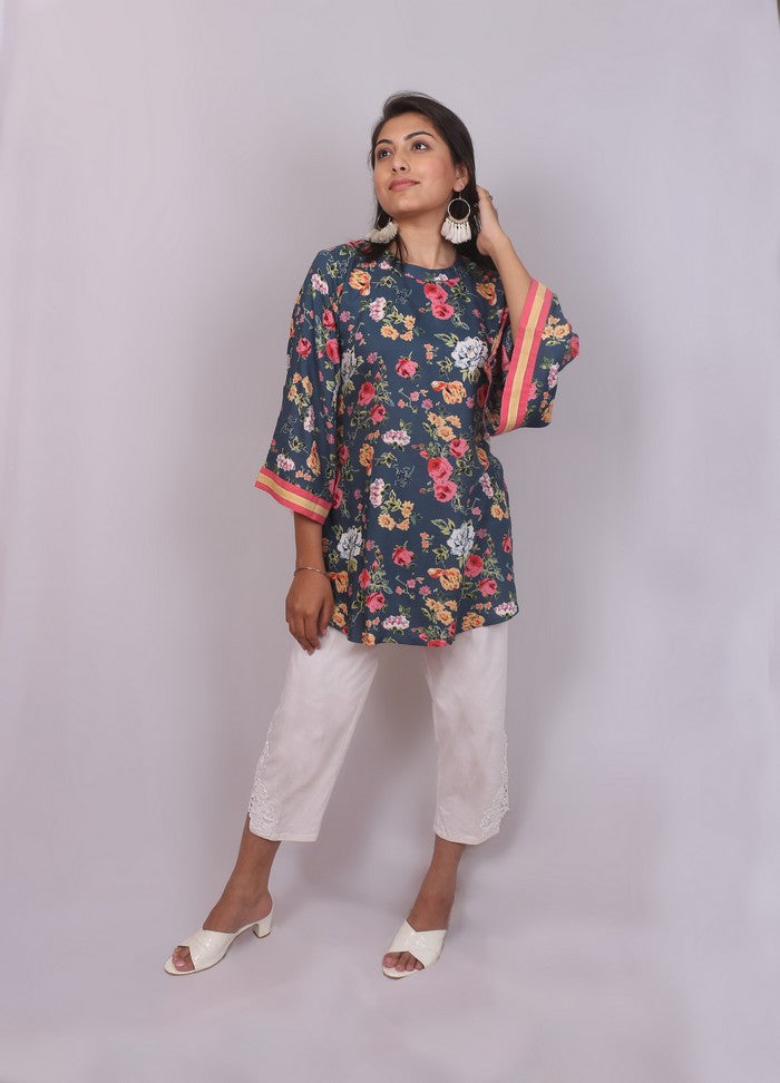Lilac Floral Print and White Thread Embroidery work Short Kurti – Seasons  Chennai